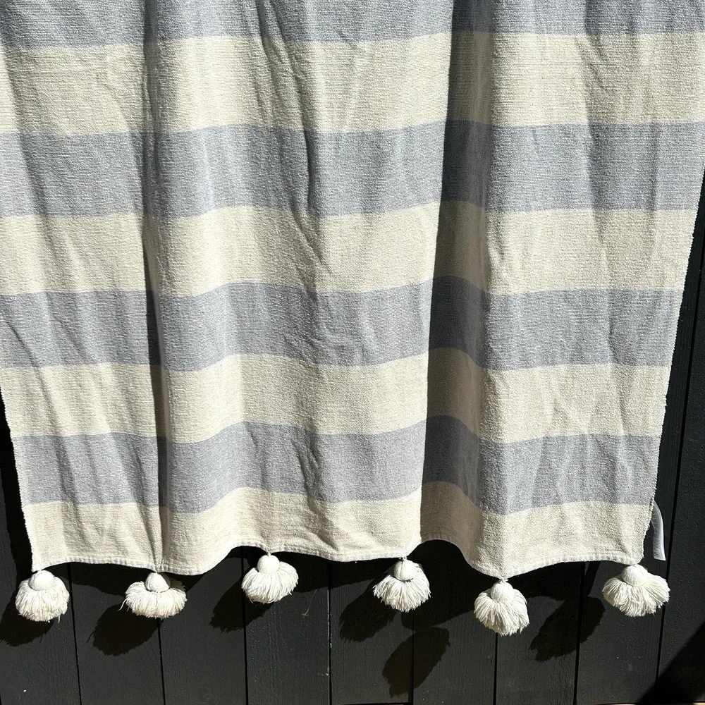Anthropologie Nayland Boho Pom‎ Pom Throw Blanket 44X46 Coastal Stripe Tassel